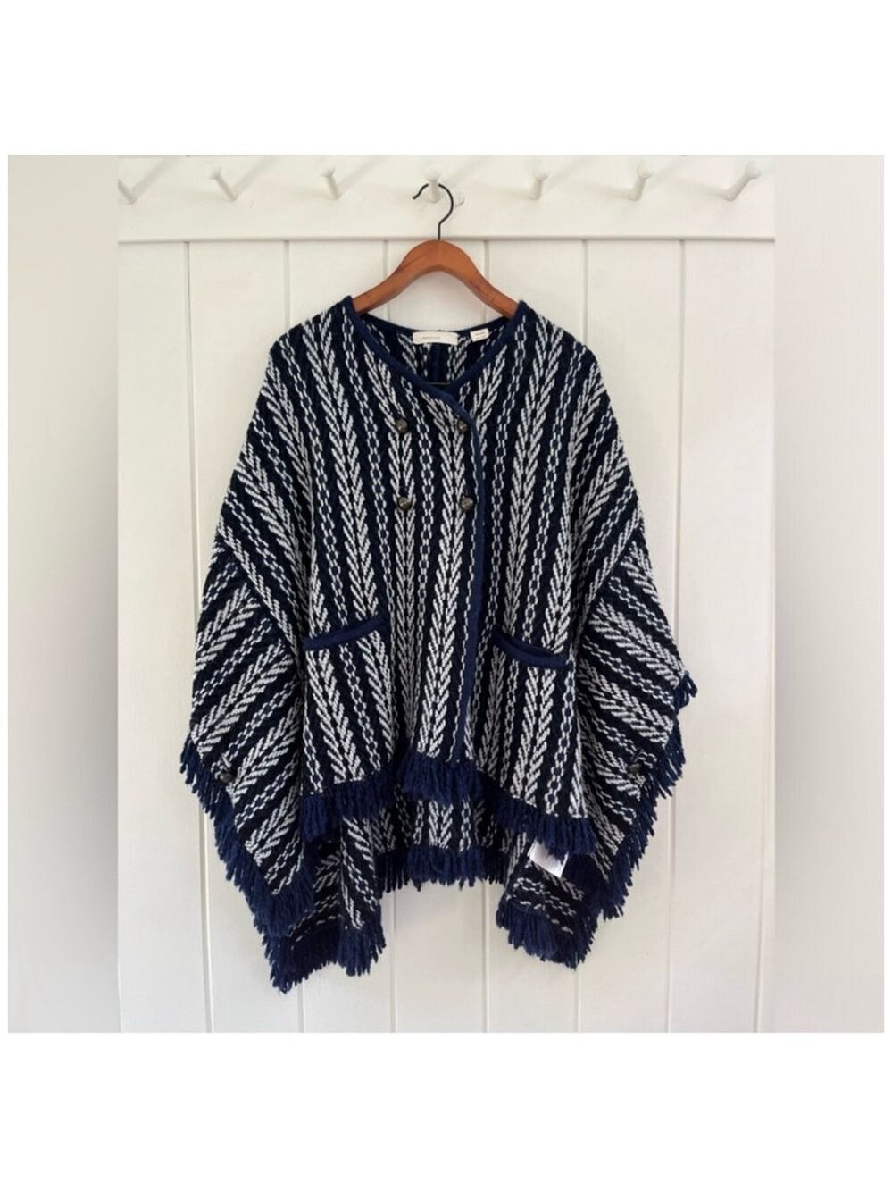 Sleeping On Snow Anthropologie Tajo Jacquard Poncho Cape Fringe O/S - Picture 2 of 13